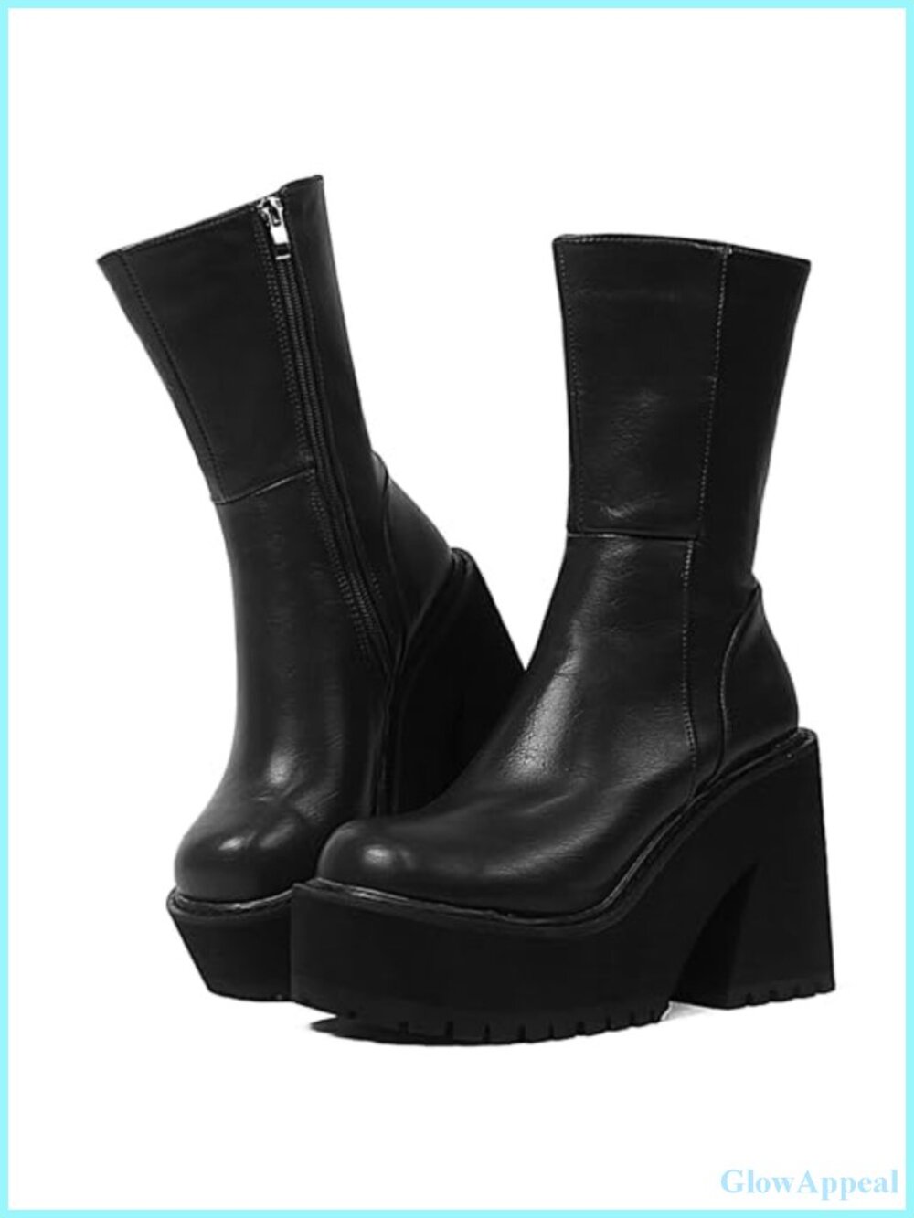 Chunky Block Heel Ankle Boots Women Platform Faux Leather Zip
